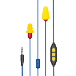 Plugfones™ Protector Plus Industrial Earplug-Earphone Hybrids With In-Line Mic (NRR 27/29) -Earjobs protectorPlus blueyellow